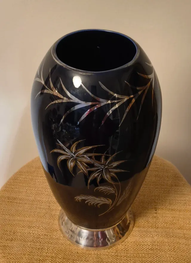 JARRON OPALINA AZUL COBALTO,PLATA.27 cm.FLORERO