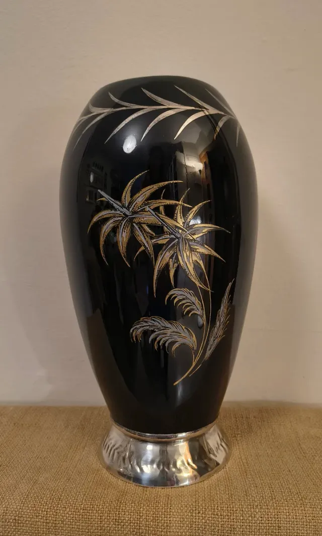 JARRON OPALINA AZUL COBALTO,PLATA.27 cm.FLORERO