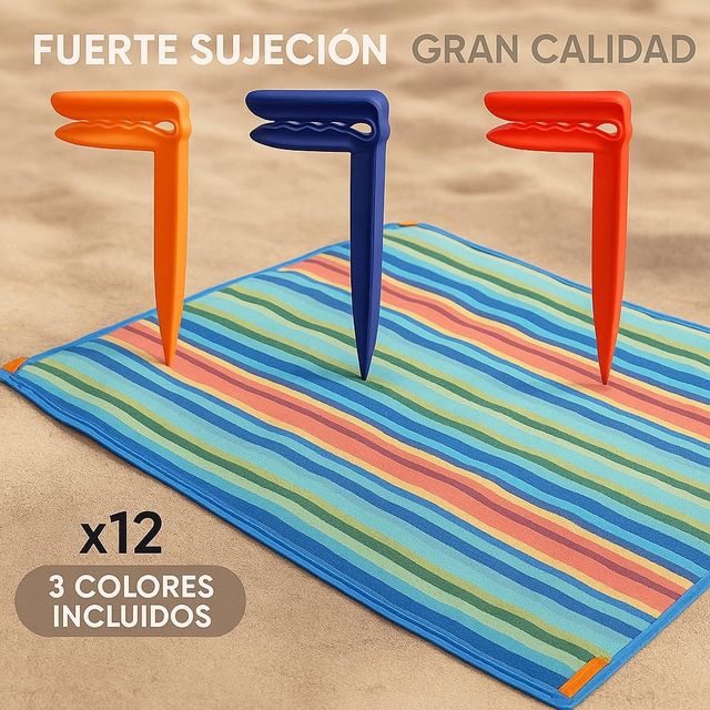 12 picchetti per asciugamano da spiaggia - Blu, Arancione, Rosso