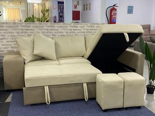 Sofá Cama Beige con  2Puff y Almacenaje