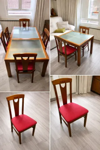 Mesa extensible madera y cristal con 4 sillas