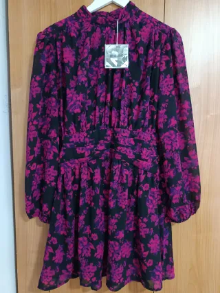 Vestido fiesta estampado floral negro y fucsia T.X