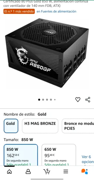 Fuente Alimentación MSI A850GF Modular 80+ Gold