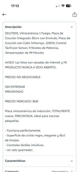 Vitrocerámica Deliteer 1 fuego 1200W