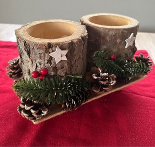 Portavelas Navidad Troncos Madera Piñas