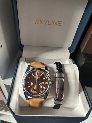 Conjunto Reloj SKYLINE Hombre Marrón y Plata