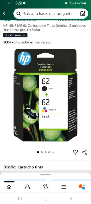 HP 62 Cartuchos Tinta Original Tricolor/Negro