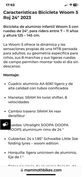 Bicicleta Woom Roja 24' Como Nueva