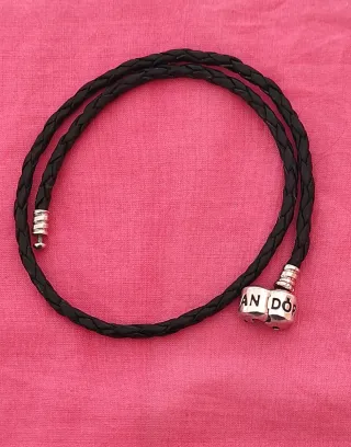 Pulsera Cuero Pandora Doble Negra y Plata