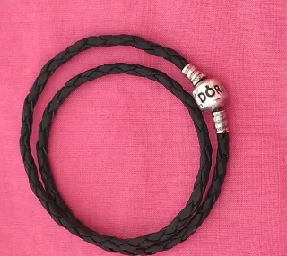 Pulsera Cuero Pandora Doble Negra y Plata