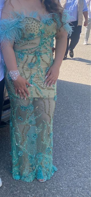 Vestido fiesta boda gitana oro y verde azulado