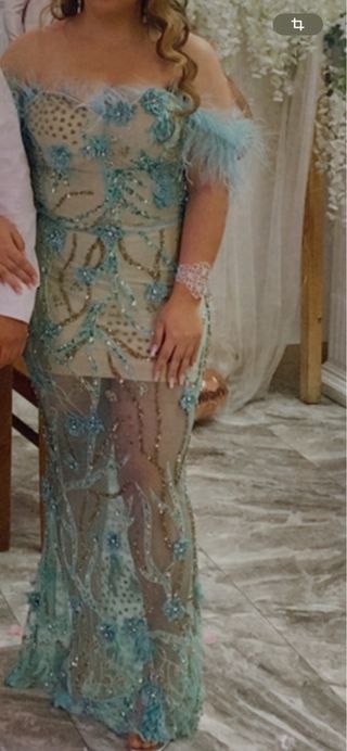 Vestido fiesta boda gitana oro y verde azulado