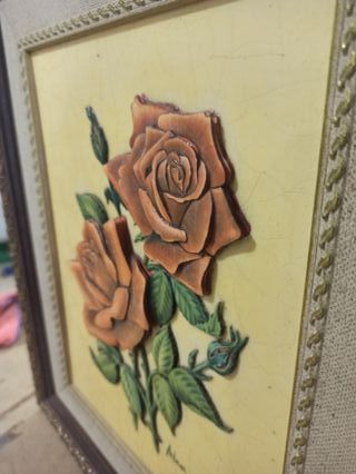 Cuadro relieve rosas naranjas y verdes