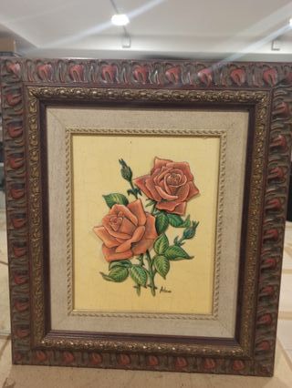 Cuadro relieve rosas naranjas y verdes