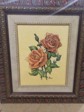 Cuadro relieve rosas naranjas y verdes