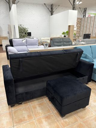 Sofá Cama Negro Terciopelo con Puff