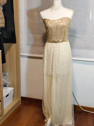 Vestido largo lentejuelas y gasa sin tirantes