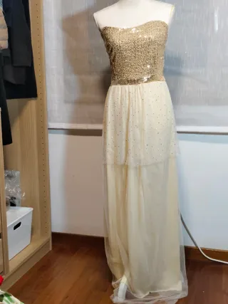 Vestido largo lentejuelas y gasa sin tirantes