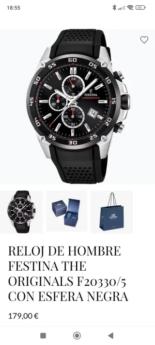 Reloj Festina Cronógrafo Negro y Plateado. Nuevo.