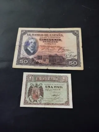 Billetes antiguos españoles 50 y 1 Peseta