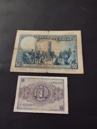 Billetes antiguos españoles 50 y 1 Peseta