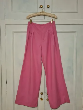 Pantalón Zara Wide Leg Fucsia Tiro Alto