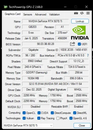 Gigabyte RTX 5070Ti Gaming OC 16G
