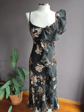 Vestido largo negro flores vintage auténtico