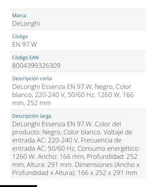 Cafetera Nespresso DeLonghi EN 97.W Blanca