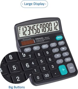 Calculadora KK-837-12S Nuevo (negras) Calculadoras de escritorio, calculadora básica de escritorio de 12 dígitos con pantalla LCD grande y botones sensibles grandes, batería solar de doble potenci...