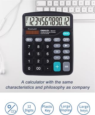 Calculadora KK-837-12S Nuevo (negras) Calculadoras de escritorio, calculadora básica de escritorio de 12 dígitos con pantalla LCD grande y botones sensibles grandes, batería solar de doble potenci...
