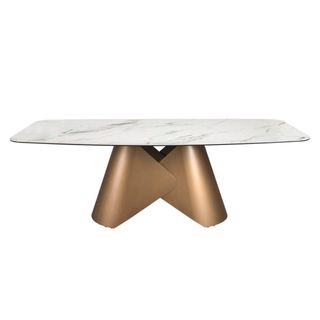 Mesa comedor ovalada porcelánico y acero bronce