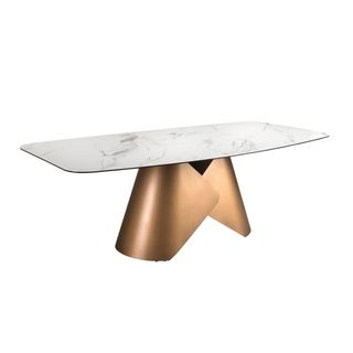 Mesa comedor ovalada porcelánico y acero bronce