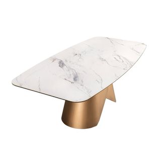 Mesa comedor ovalada porcelánico y acero bronce
