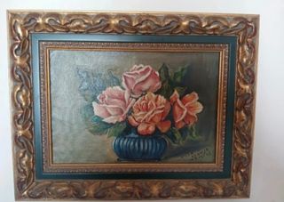 Cuadro de flores rosas y jarro azul