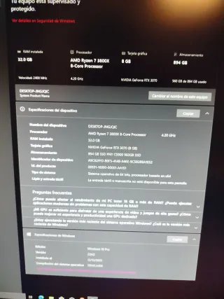 PC Gamer, RTX 3070 MSI, 32 GB RAM, Ryzen 7 3800X