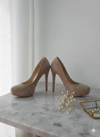 Tacones Beige con Pedrería Dorada