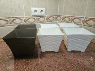 Juego de 6 macetas de plástico estilo mimbre