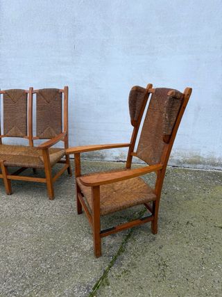 Conjunto 3 sillones madera y mimbre