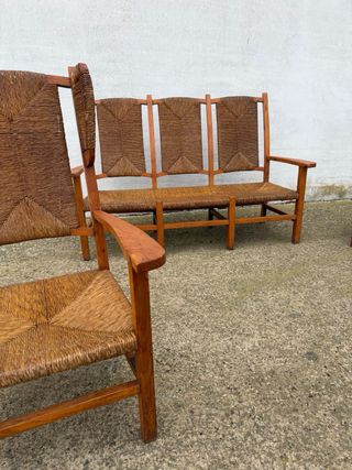 Conjunto 3 sillones madera y mimbre