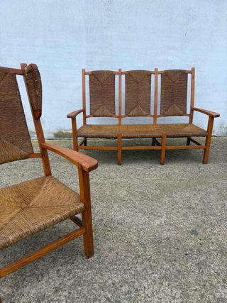 Conjunto 3 sillones madera y mimbre