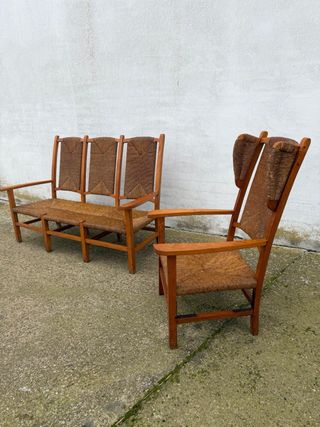 Conjunto 3 sillones madera y mimbre