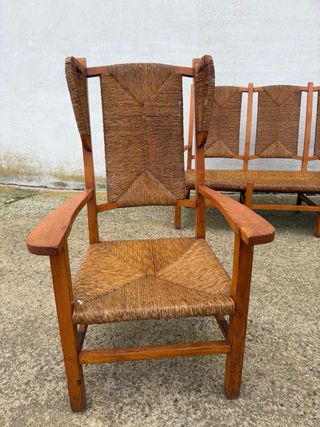 Conjunto 3 sillones madera y mimbre