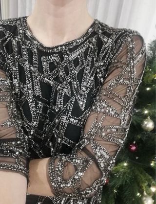 Vestido fiesta lentejuelas negro y plata