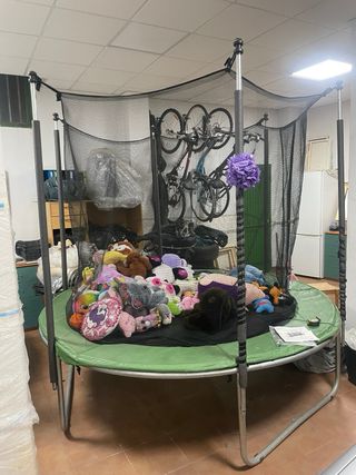 Cama elástica verde con red de seguridad