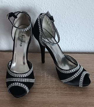 Sandalias fiesta raso negro brillantes T-39