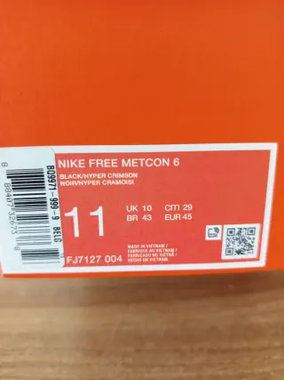 Nike Free Metcon 6 Talla 45 Negro Naranja