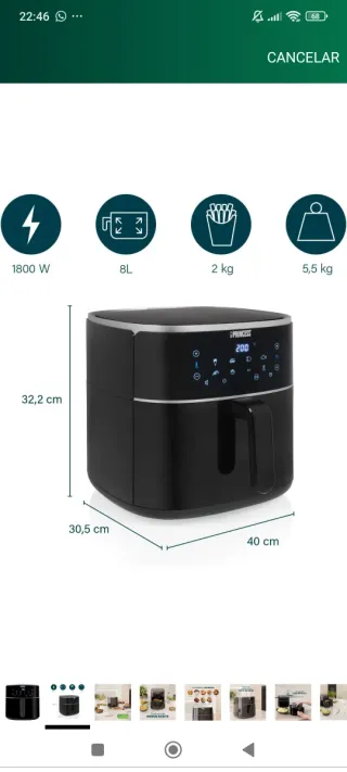 Freidora de aire Princess negra,8 litros