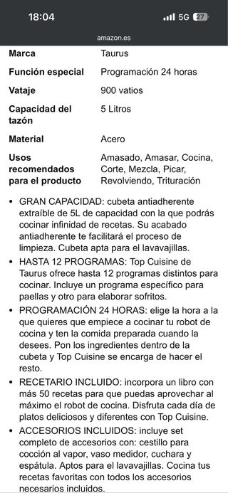 Robot Cocina Taurus Top Cuisine 5L