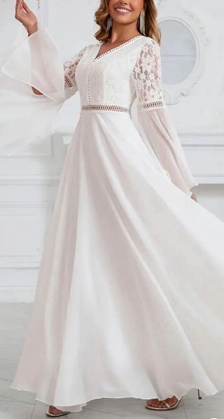 Vestido blanco largo encaje manga acampanada